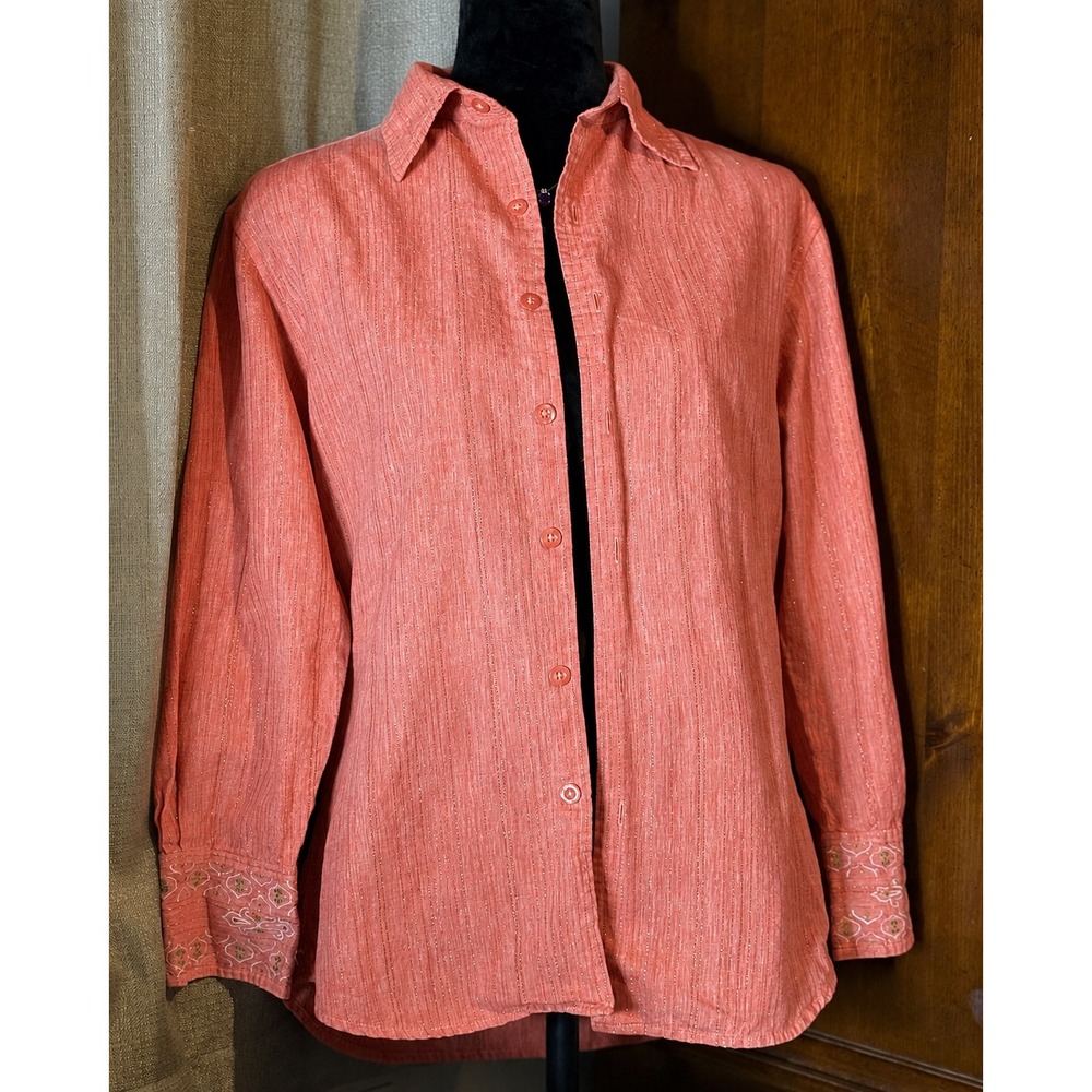 Mountain Lake Linen Blend Coral Pink Metallic Embroidered Cuff Shirt S